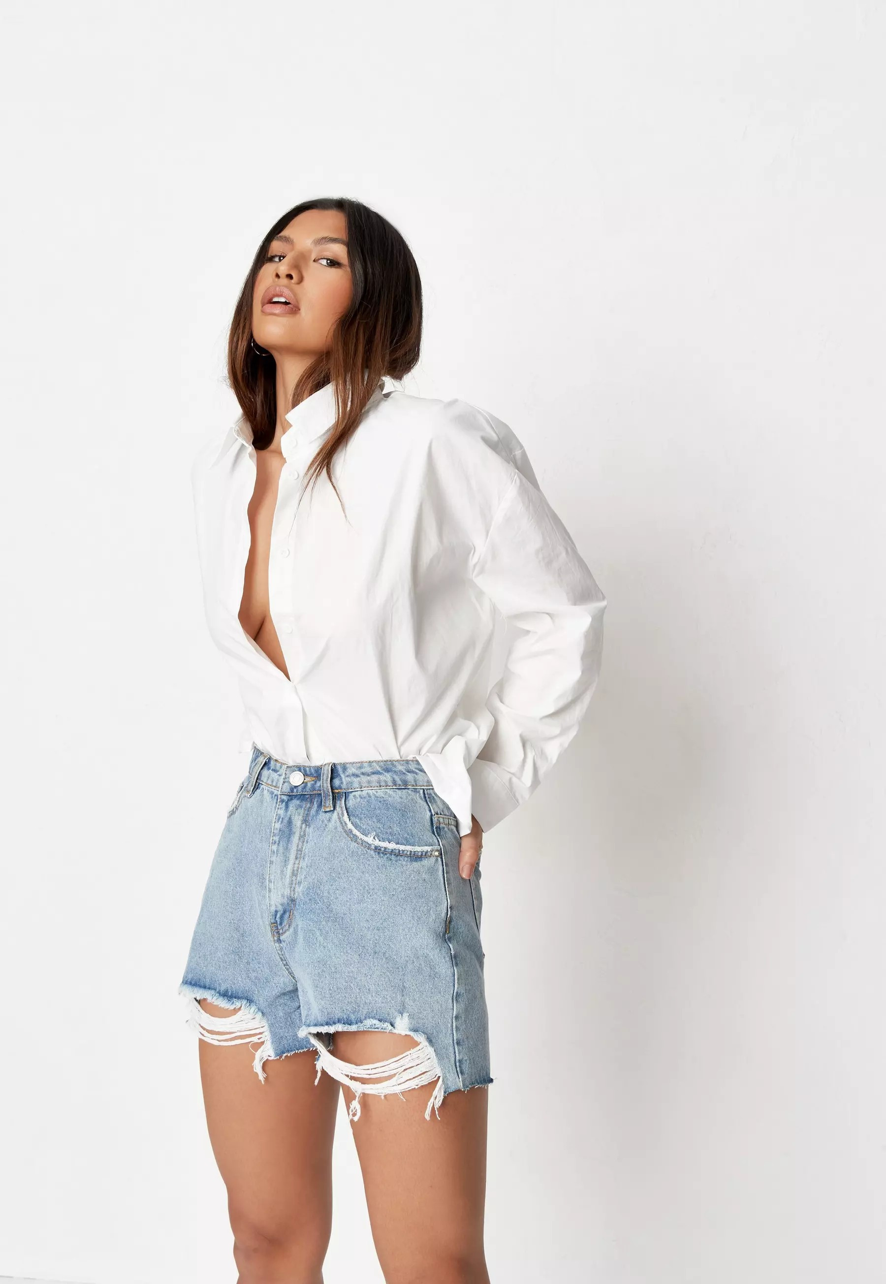 Recycled Blue Ripped Highwaisted Denim Shorts | Missguided (US & CA)