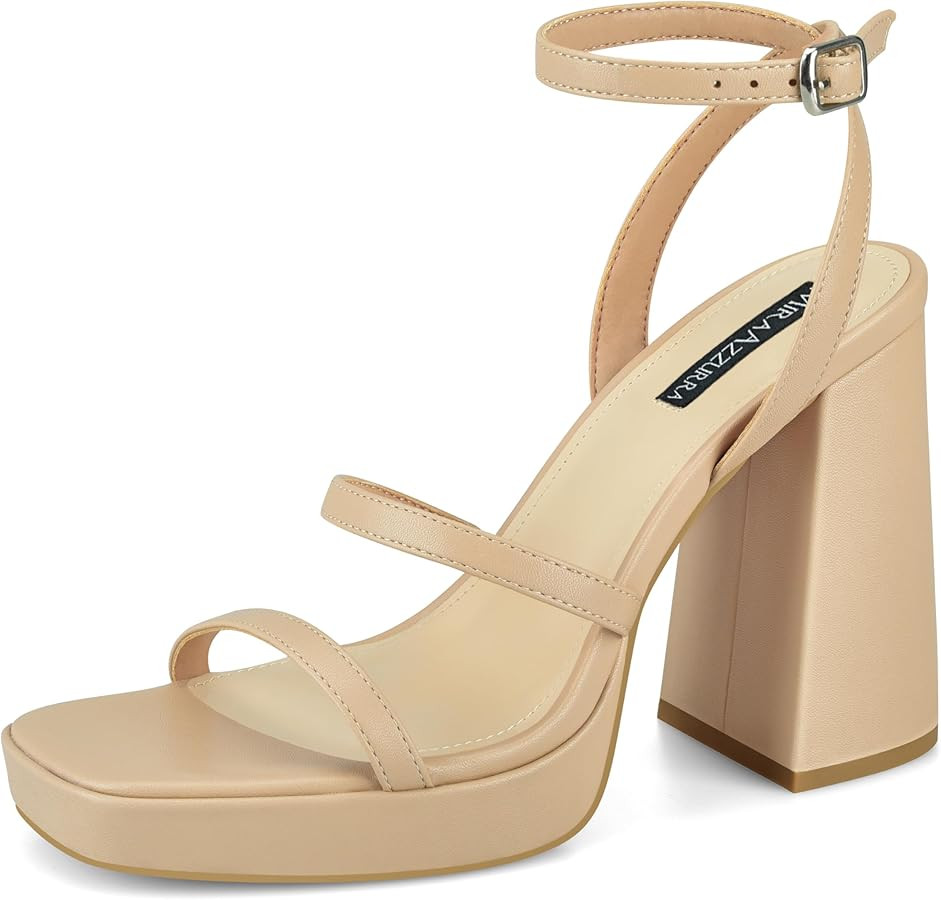 MIRAAZZURRA Platform Strappy Heel Sandals Square Open Toe Two Strap Chunky High Heeled Sandals wi... | Amazon (US)