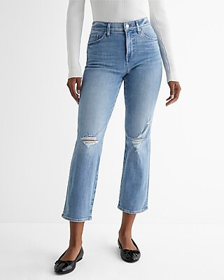 High Waisted Light Wash Ripped Straight Ankle Jeans | Express