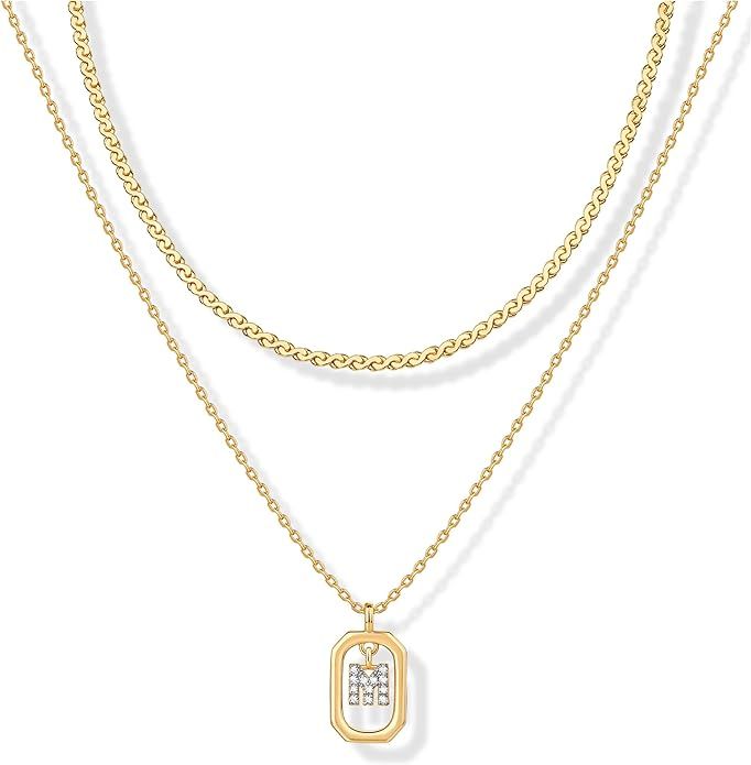 PAVOI 14K Gold Plated Cubic Zirconia Letter Pendant Layered Necklace | Framed Initial Letter Cabl... | Amazon (US)