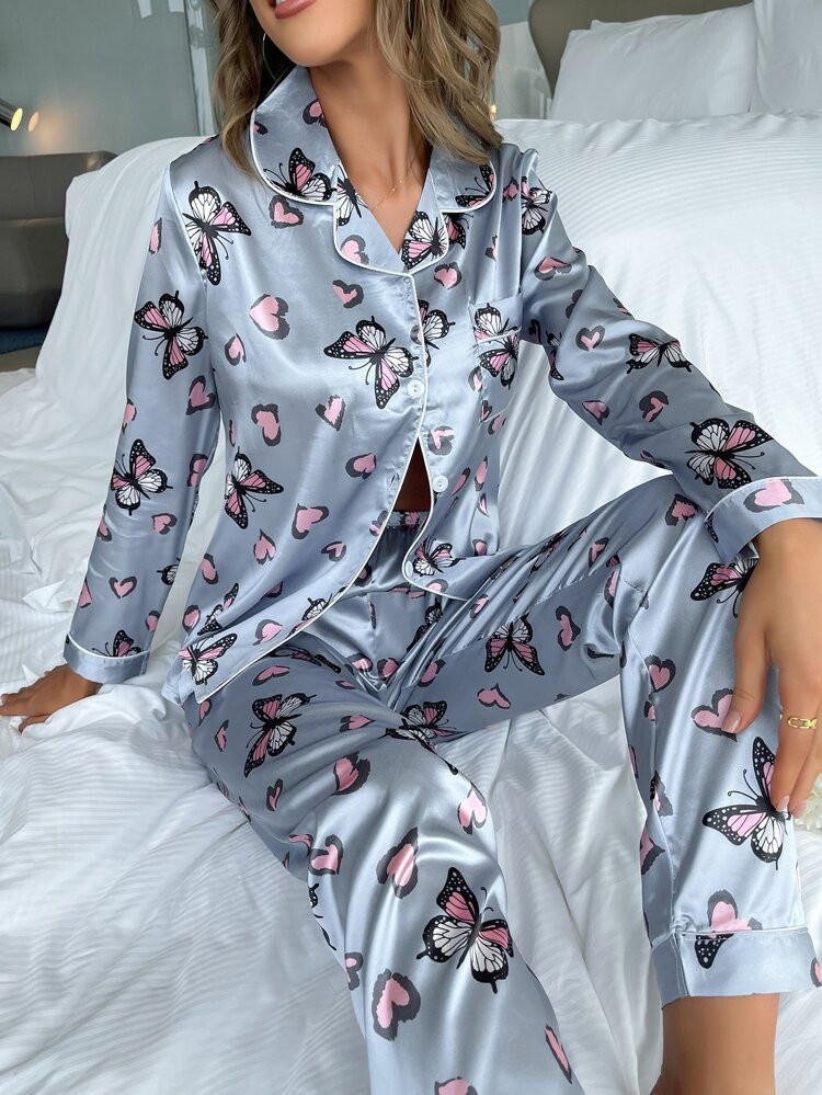 Butterfly Print Contrast Binding Satin PJ Set | SHEIN