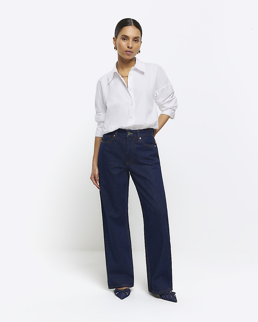 Petite blue high waisted straight jeans | River Island (UK & IE)