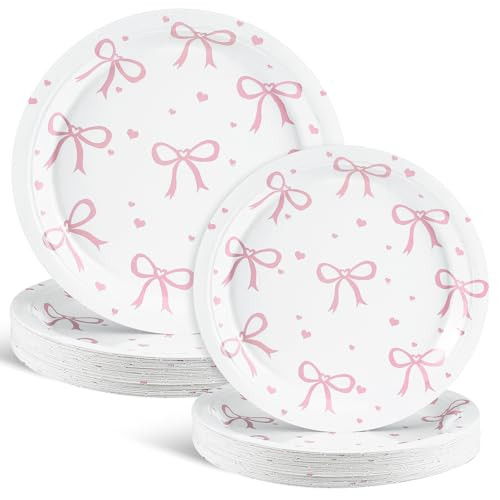Sieral 60 Pcs Coquette Pink Bow Party Plates 9'' 7'' Bow Theme Birthday Party Decorations She's Tying the Knot Bachelorette Party Decor for Bridal Engagement Party Favor | Amazon (US)