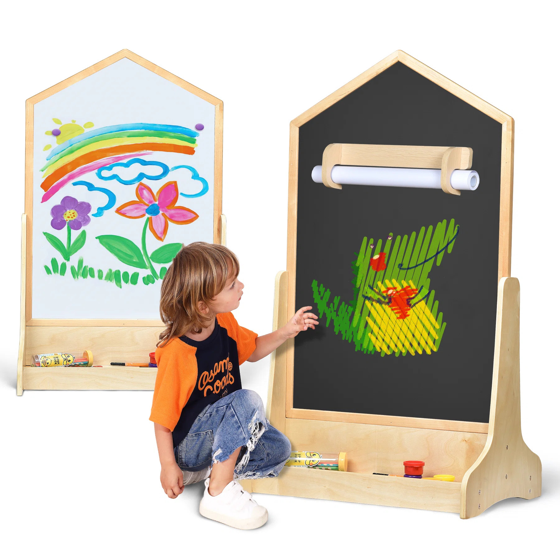 House Design Double-Sided Magnetic Drawing Board w/Detachable Roller and Bi-Storage Frame Holder ... | Wayfair North America