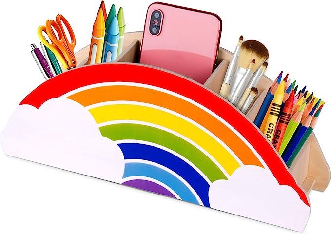 Gamenote Wooden Pen Holder & Pencil Holders - Rainbow Supply Caddy Phone Holder Desk Organizer fo... | Amazon (US)