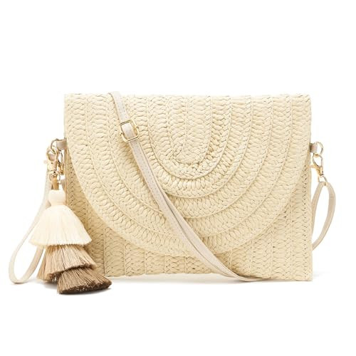 WEIMZC Small Straw Purse for Women Summer Clutch Purses Beach Woven Envelope Bag Raffia Shoulder,Straw Crossbody Bag boho(Semicircle Beige) | Amazon (US)
