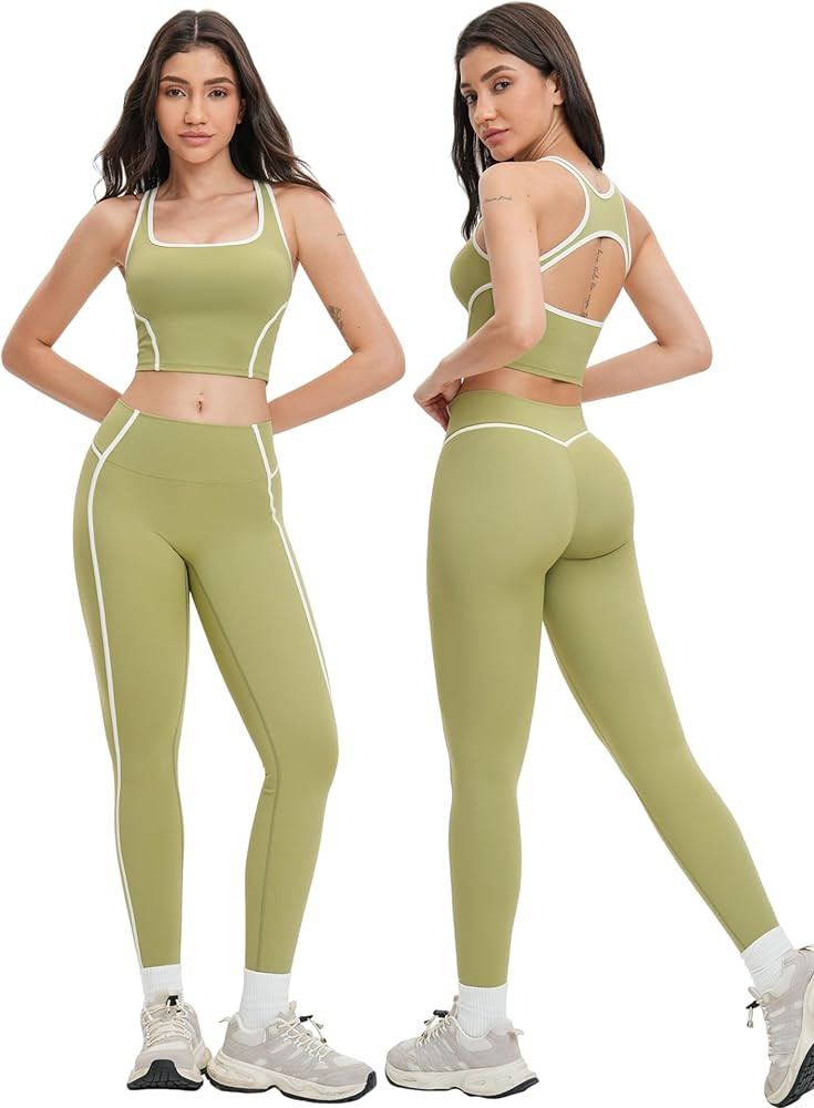 Two Piece Womens Workout Set Backless Color Block Tank Tops Matching High Waist Leggings Gym Work... | Amazon (US)