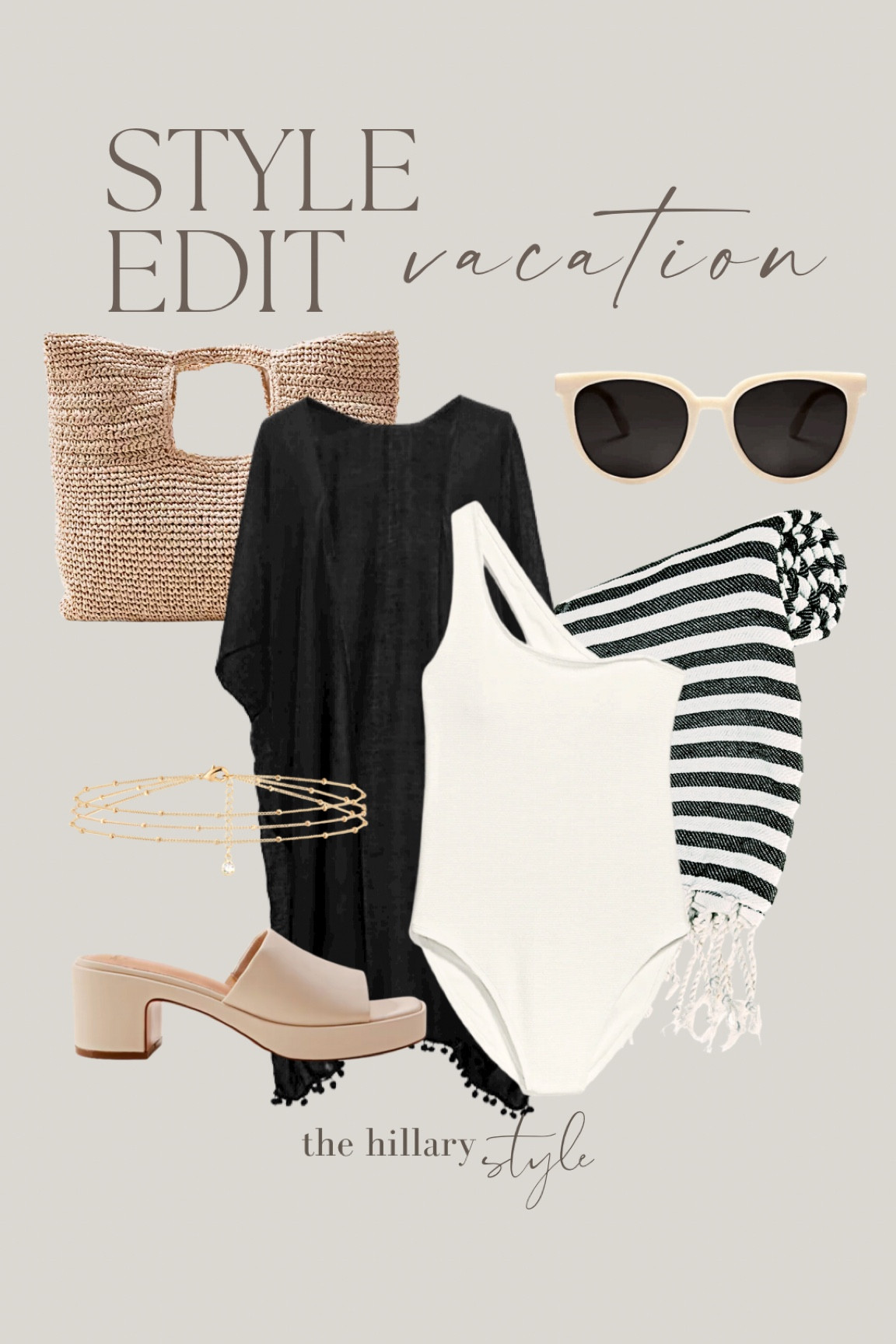 The Style Edit: Vacation. White Swimsuit, Black Coverup, Turkish Beach Towel, Straw Handbag, Mule Heels, Sunglasses. Vacation outfit, Spring Break outfit 

#LTKswim #LTKstyletip #LTKfit