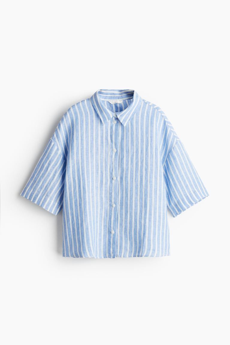 Linen Shirt - Short sleeve - Regular length - Blue/striped - Ladies | H&M US | H&M (US + CA)
