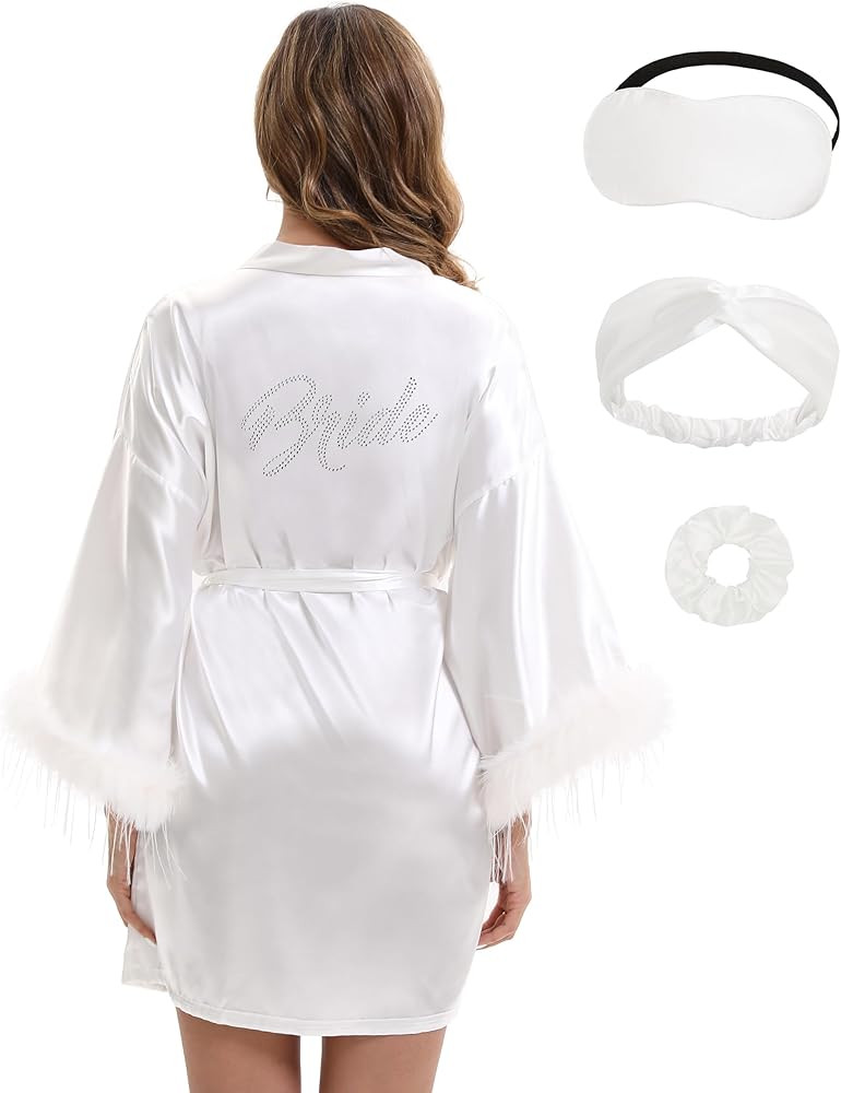 EPLAZA Bride Robe for Wedding Day Bridal Robes Feather Trim Satin Silk Robes Women Bachelorette P... | Amazon (US)