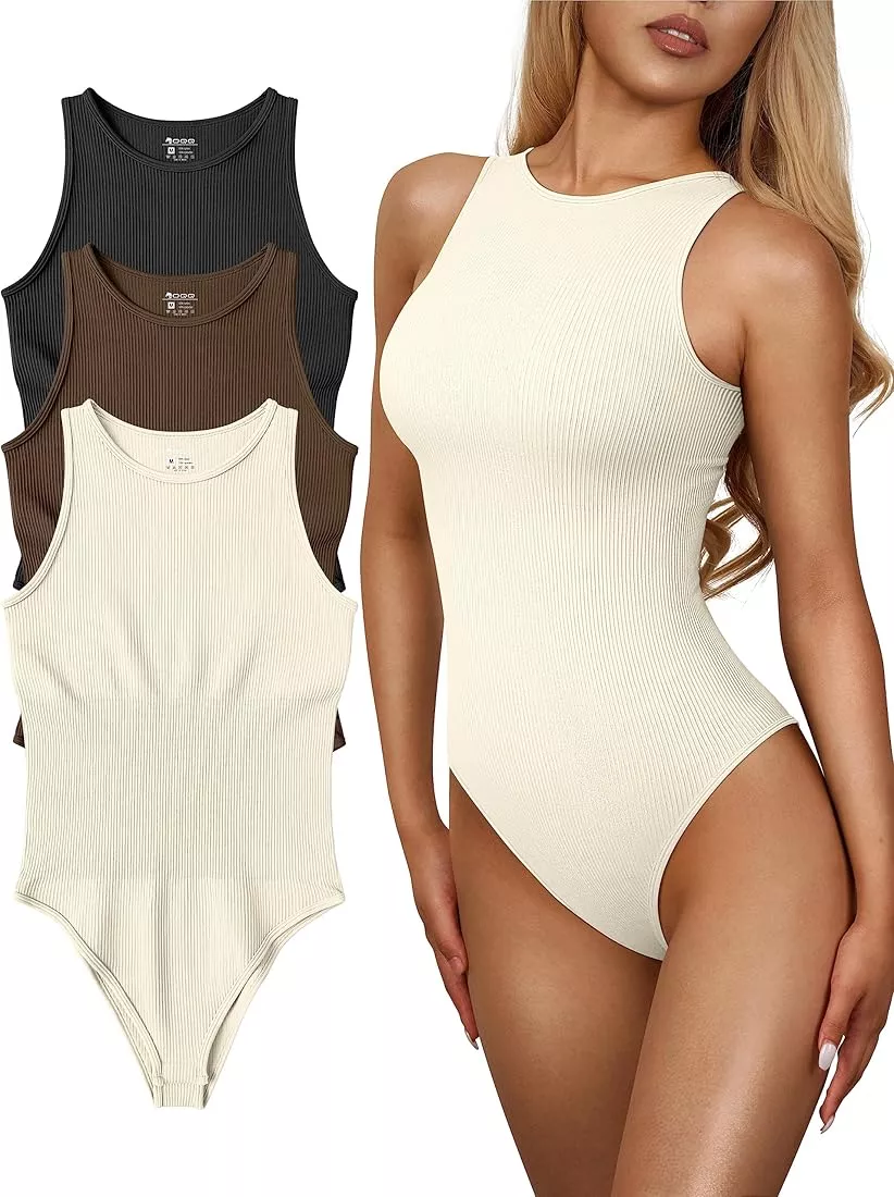 OQQ Women's 2 Piece Bodysuits Sexy Ribbed One Piece Crewneck Long Sleeve  Bodysuit Black Beige at  Women's Clothing store