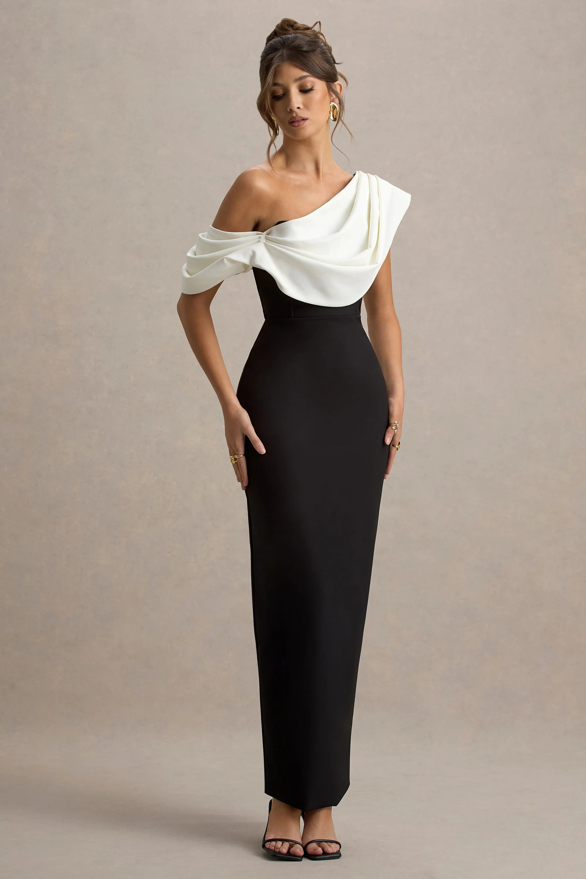 Angelina  Black & White Draped Shoulder Maxi Dress | Club L London
