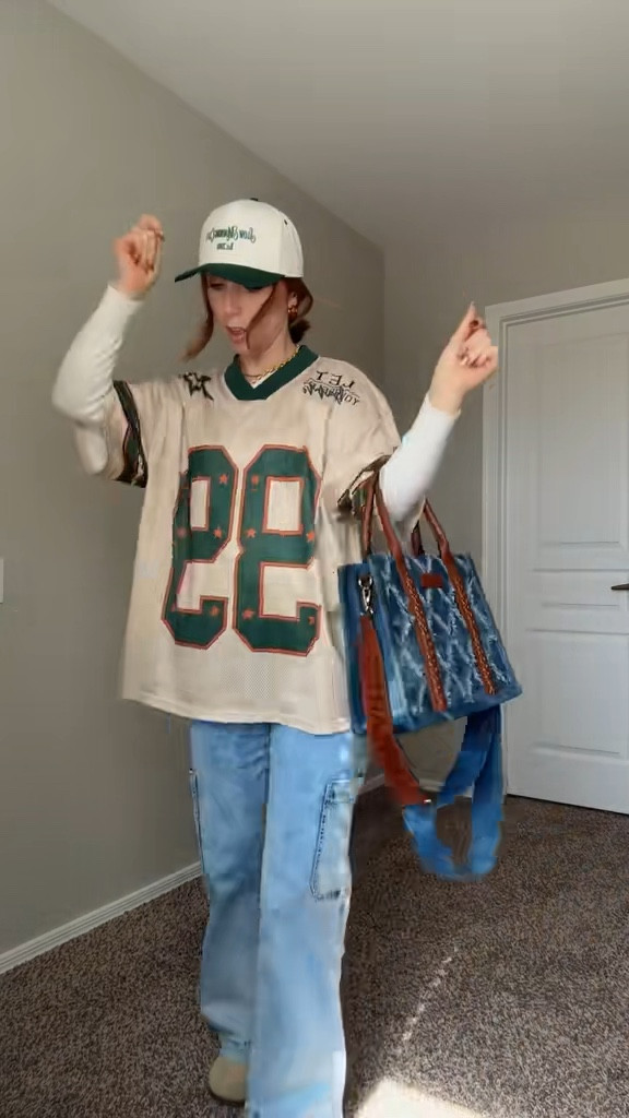 • green and beige jersey: sized up 2 to a large 
• cream long sleeve: size small, very warm and very soft 
• cargo style wide leg jeans: charming and main- size down 1
• denim tote bag: so gorgeous, Amazon
•chunky gold necklace: comes in a set of 2 different styles
• green malachite stone necklace: hypoallergenic but fair warning the gold runs off in between stones 
• Mule clogs: tts
• green trucker hat: perfect 👌🏻 Amazon
• gold tortoise shell amber chunky hoops: Amazon 

#LTKgrwm #LTKootd #LTKmomlife