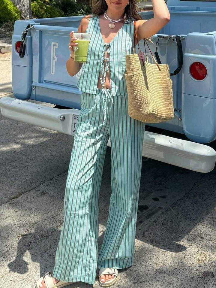 SHEIN EZwear Women's Striped Vest And Long Pants Casual Holiday Outfit, 2pcs/Set | SHEIN