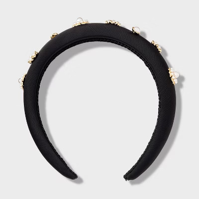Satin Pearl and Stone Embellishment Padded Headband - A New Day™ Black | Target