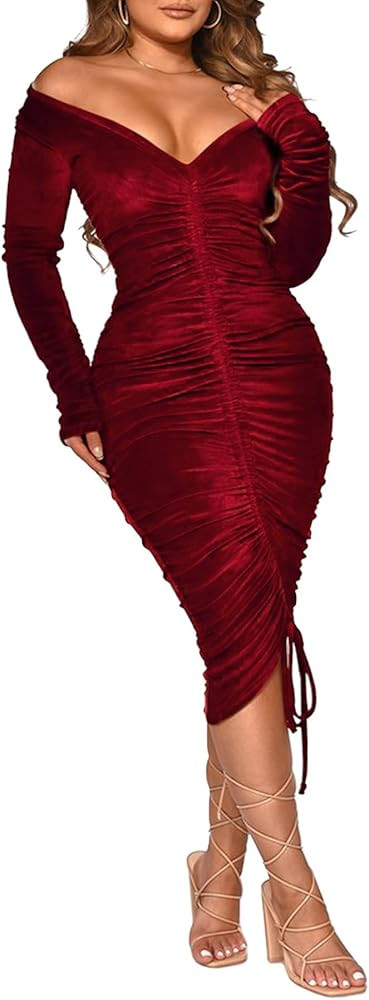 LKOUS Women's Sexy Bodycon Dresses,Long Sleeve Off Shoulder Ruched Wrap Cocktail Club Dress | Amazon (US)
