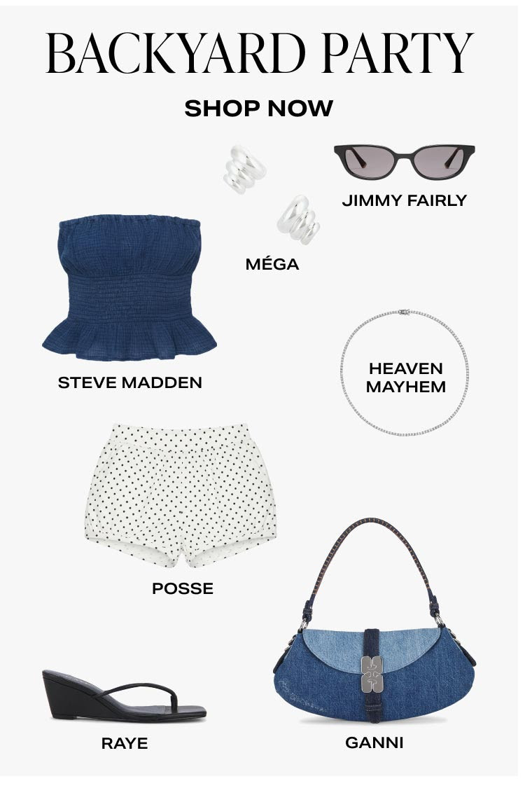 The perfect backyard party outfit starts with effortless summer staples. ☀️ A smocked strapless top, playful polka dot shorts, a denim shoulder bag, wedge sandals, and modern silver jewelry create an easy look that's made for BBQs, patio dinners, summer concerts, and weekend get-togethers.

Featuring Steve Madden, Posse, GANNI, RAYE, Jimmy Fairly, Heaven Mayhem, and Méga from Revolve. Shop the full outfit in my LTK.

#LTKStyleTip #LTKSummer #LTKSeasonal #Revolve #BackyardParty #SummerStyle #CasualChic #PatioStyle #WeekendOutfit #BarbecueStyle #SteveMadden #Posse #GANNI #RAYE #HeavenMayhem #JimmyFairly #DenimBag #PolkaDotTrend #SummerOutfit #VacationStyle #EffortlessStyle #EverydayLuxury #FashionInspo #WarmWeatherStyle #CapsuleWardrobe 

 #LTKgrwm #LTKootd #LTKSaleAlert