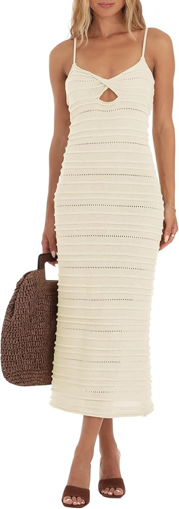 Saodimallsu Womens Crochet Knit Dress Summer Casual Sleeveless V Neck Spaghetti Strap Twist Midi ... | Amazon (US)