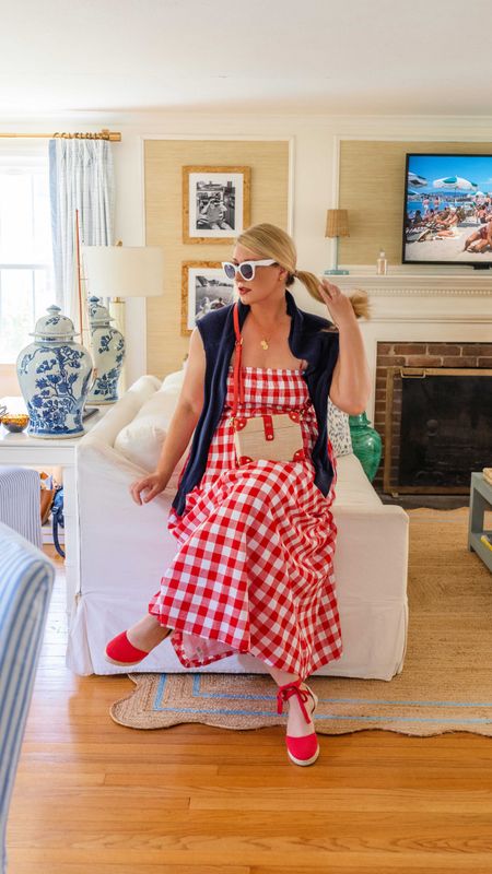 Classic Picnic Plaid Maxi Sundress for Summer on sale under $60 on sale now. Comes in tall, reg, & petite. Love it paired with this vintage inspired  raffia & red  crossbody bag, red espadrilles, & white sunglassess

#LTKItBag #LTKFindsUnder100 #LTKSaleAlert