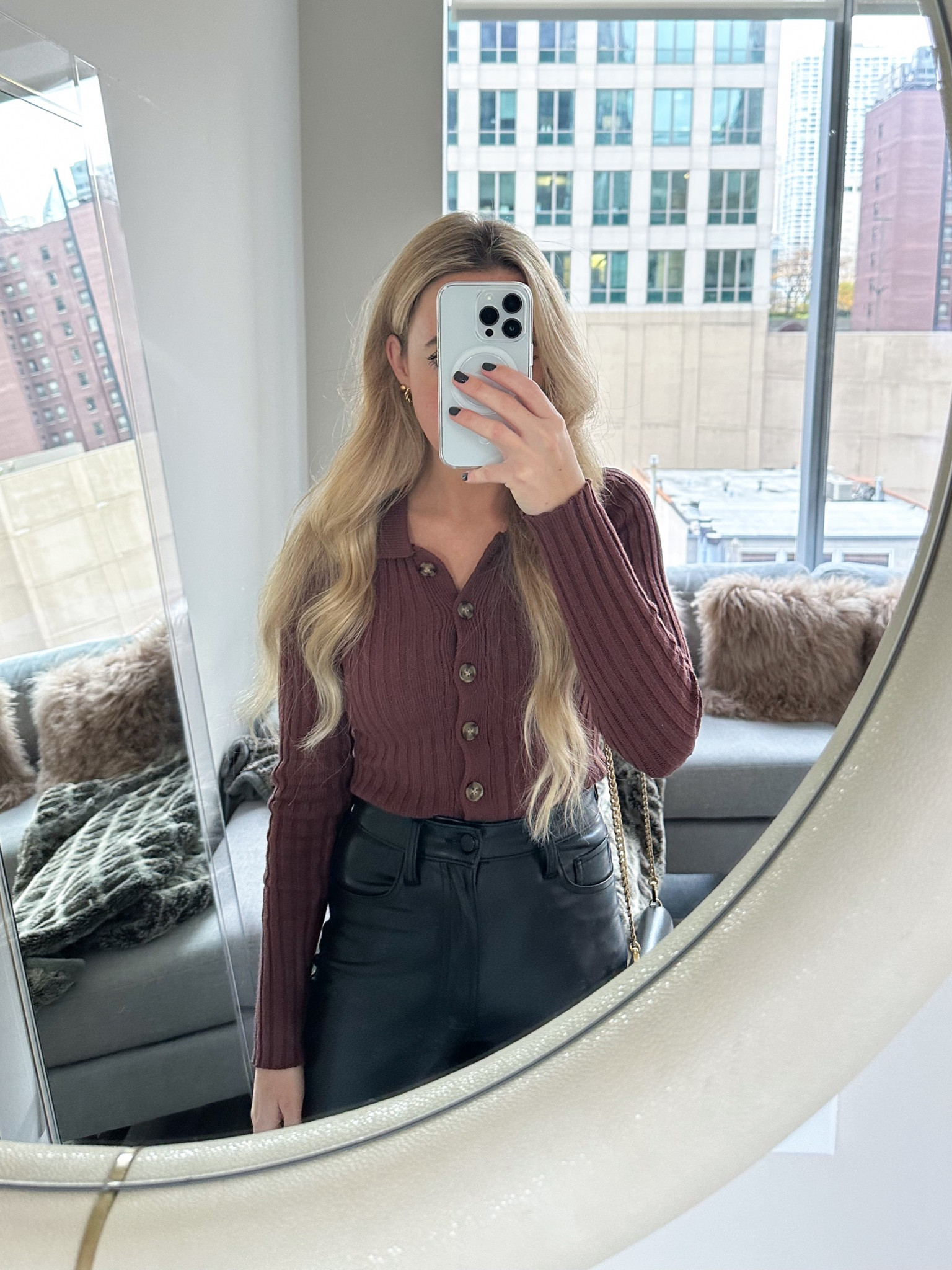 Faux leather pants, faux leather leggings outfit, cardigan, matching set outfit, gold hoop earrings, winter going out outfit, nyc aesthetic, Chicago outfit, dinner and drinks, brunch look

#LTKparties #LTKworkwear 

#LTKParties #LTKSeasonal #LTKWorkwear