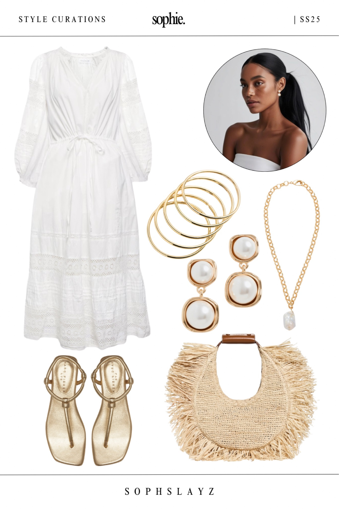 Chic summer outfit idea for your next vacation outfit or weekend brunch! This white midi dress with lace detail is the ultimate summer staple—comfortable, elegant, and effortlessly feminine. Styled with gold bangles, pearl drop earrings, a woven fringe handbag, and gold flat sandals for the perfect resort-ready look. Don’t forget the  pearl necklace for a touch of glam. Shop this head-to-toe summer look for your beach getaway, garden party, or tropical vacation.

#LTKItBag #LTKStyleTip #LTKOver40