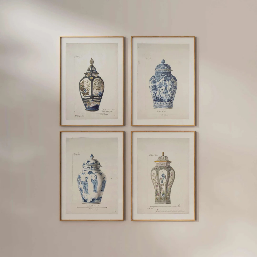 Set of Four French Chinoiserie Vase Prints, Vintage Art, Vintage Farmhouse Wall Decor, Artwork, A... | Etsy (UK)