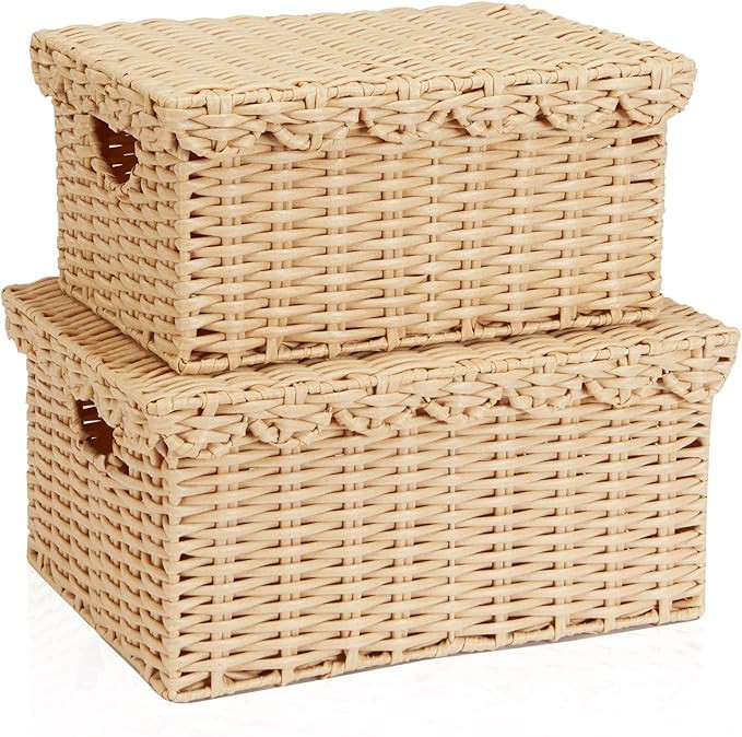 FairyHaus Scalloped Wicker Basket with Lid, Waterproof Wicker Storage Basket with Removable Tray ... | Amazon (US)