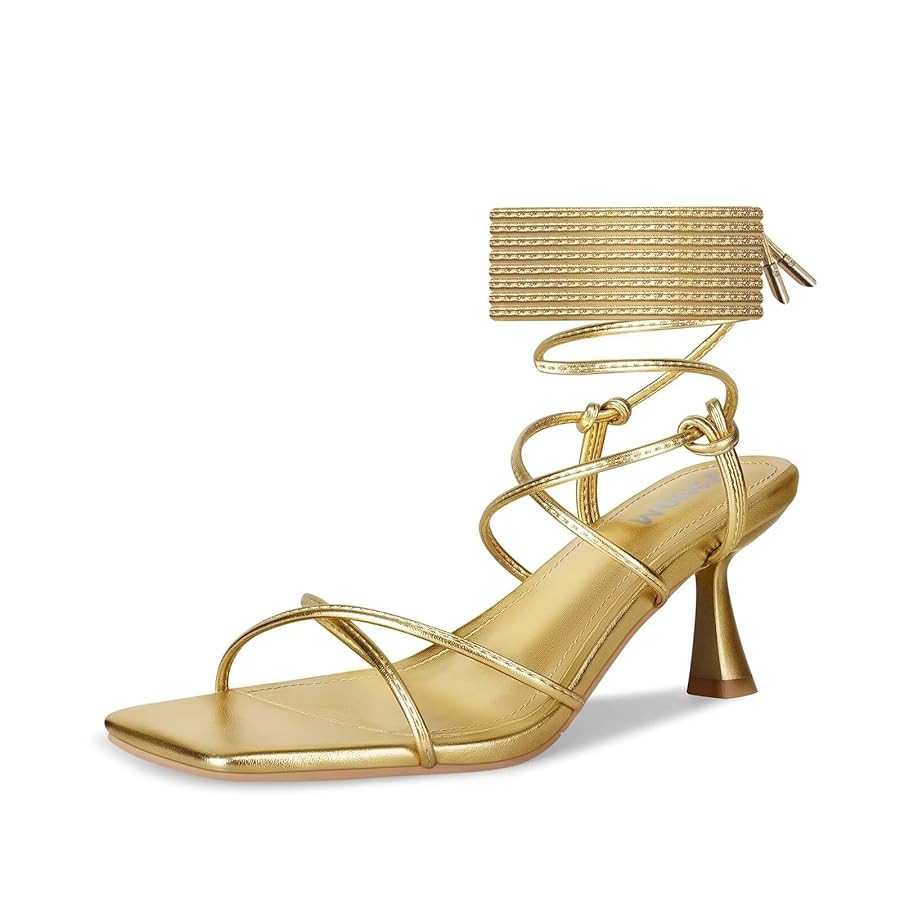 ISNOM Strappy Sandals for Women Kitten Heels Lace Up Heels Stiletto Heels Wrap Around Heels with ... | Amazon (US)