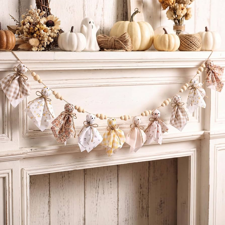 Dingion Halloween Ghost Garland 8.2 ft Rustic Fabric Ghost Decorations with Wooden Beads Boho Flo... | Amazon (US)