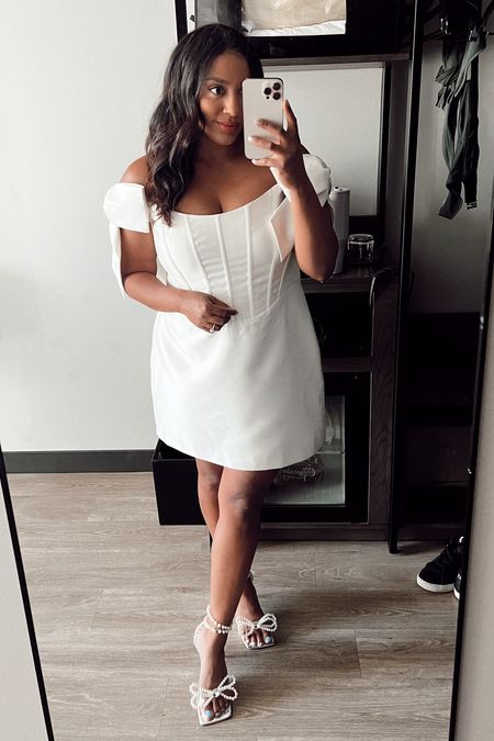 Favorite dress I’ve ever worn! Definitely a splurge and worth every penny! Size UP! After reading reviews I went with an 18, and it fit great on top, and just a little loose on bottom, but I think the 16 would have been too small on top (38DD)! 
Summer bride, bachelorette, wedding dinner, rehearsal dinner, white dress 

#LTKShoeCrush #LTKMidsize #LTKWedding