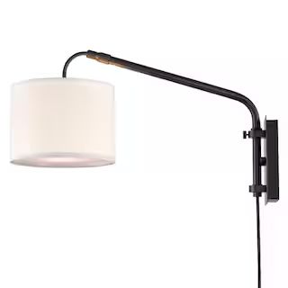 Art+Light Matte Black 1-Light Plug in Adjustable Telescopic Swing Arm Wall Lamp Includes 2 Linen ... | The Home Depot