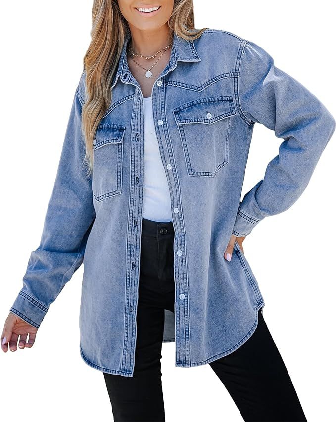 luvamia Long Denim Jacket for Women Lightweight Trendy Jean Button Down Shirts Jackets Oversized ... | Amazon (US)