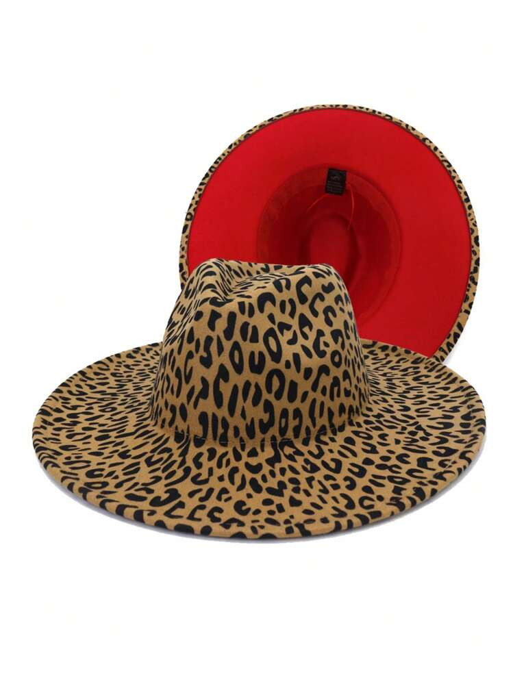 NewTrends1pc Women's Vintage Cheetah Print Texture Fedora Hat, With Red Lining, Stylish Outdoor R... | SHEIN
