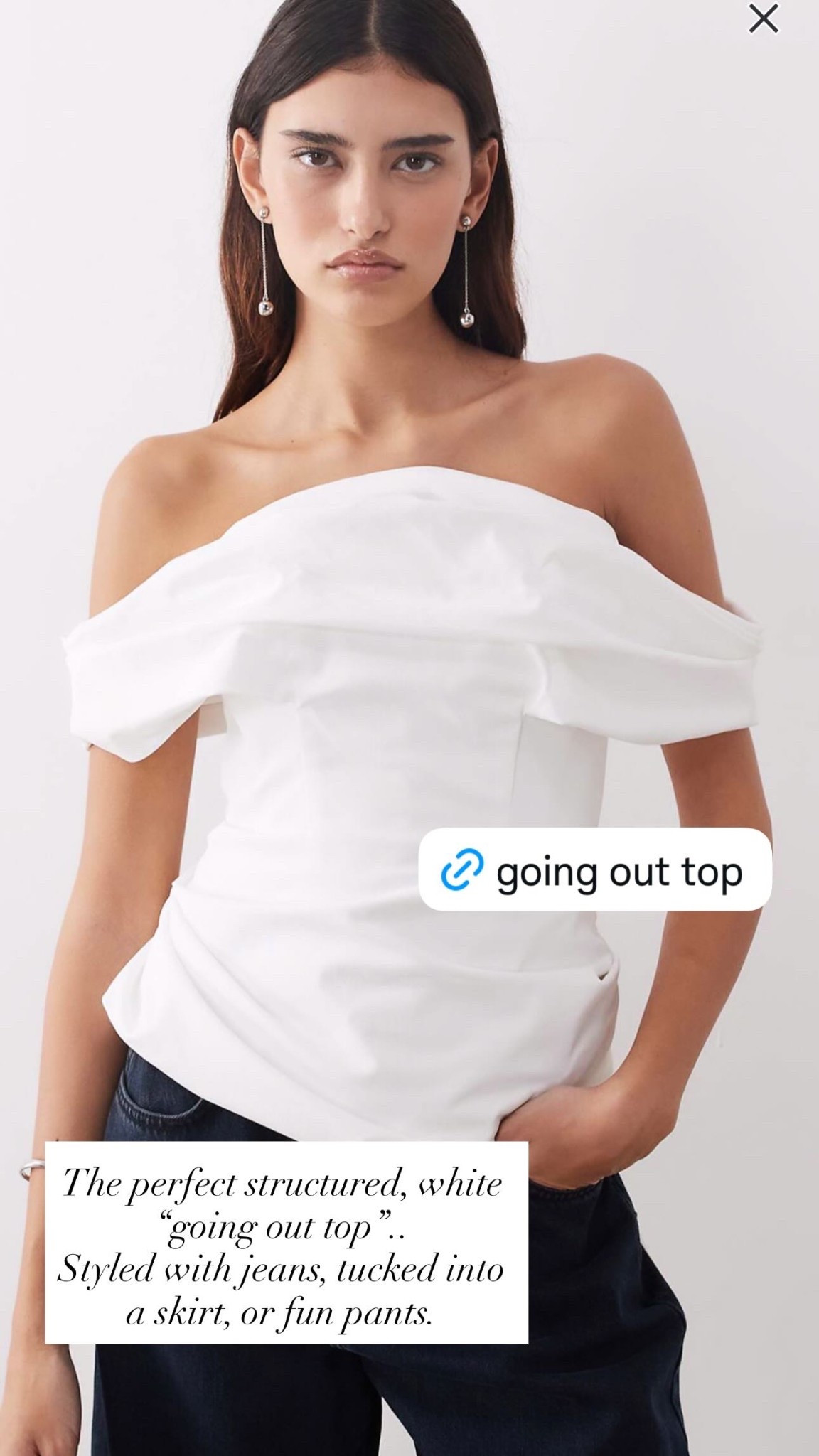 The perfect structured, white “going out top” from Arrange. 
Styled with jeans, tucked into a skirt, or fun pants.

#LTKSpringSale #LTKootd