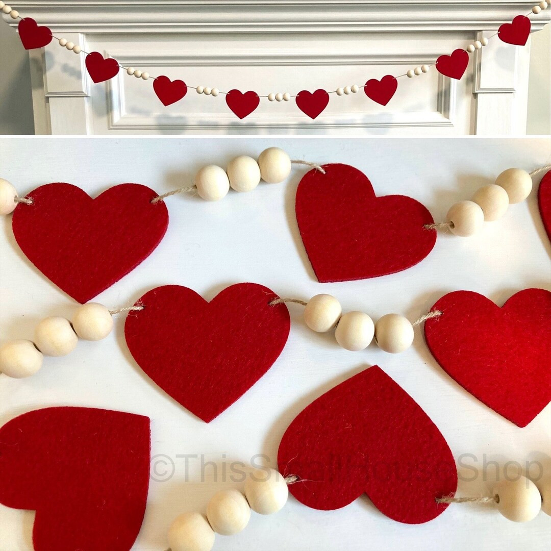 Red Hearts Garland / Valentine's Day Banner for Mantel / Felt Hearts and Wood Beads Home Decor Gi... | Etsy (US)