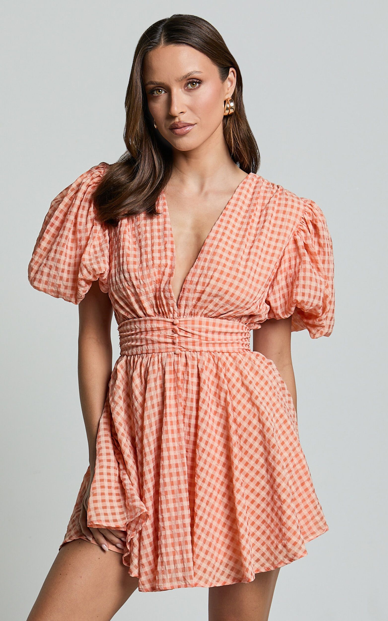 Xandy Mini Dress - Textured Puff Sleeve Plunge Dress in Peach | Showpo (US, UK & Europe)