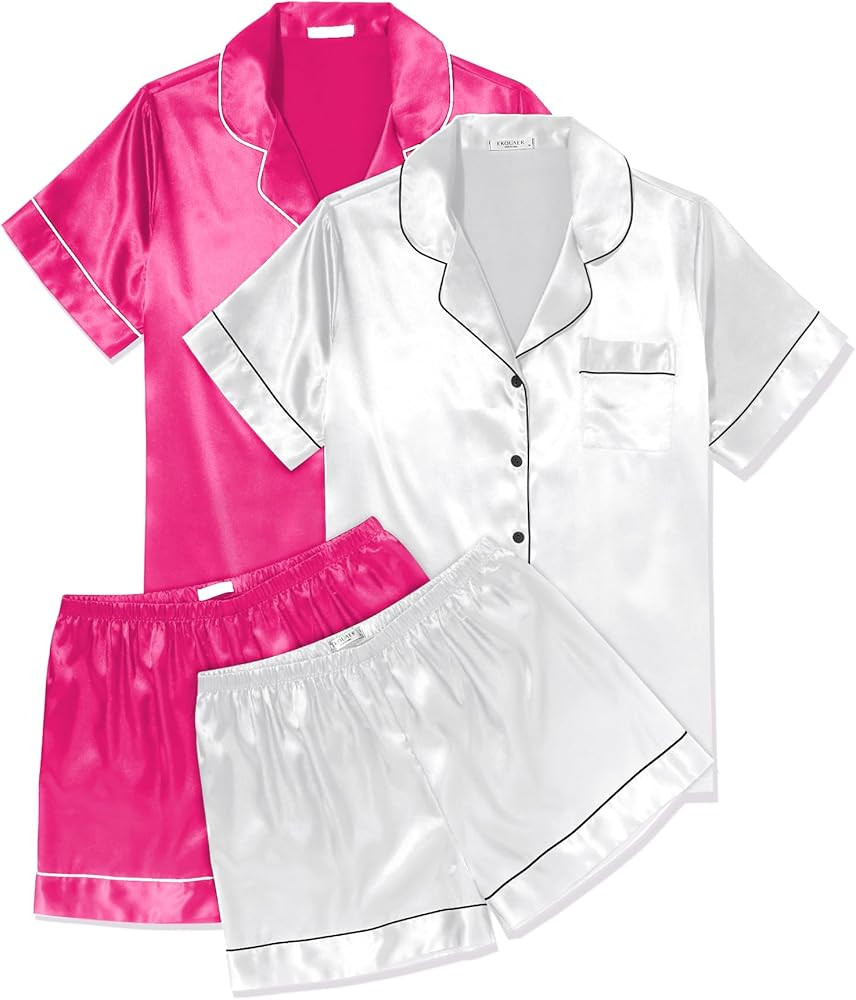 Ekouaer 2 Pack Womens Pajama Sets Silk Satin Short Sleeve Button Down Sleepwear Top and Shorts Pj... | Amazon (US)