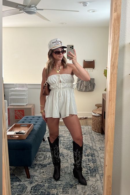 5/21/24 Romper outfit for summer 🫶🏼 Summer fashion, summer fashion inspo, summer outfit ideas, summer outfits, romper, white romper, romper outfits, country concert outfit, concert outfits, summer concert outfit, cowgirl boots, brown cowgirl boots 