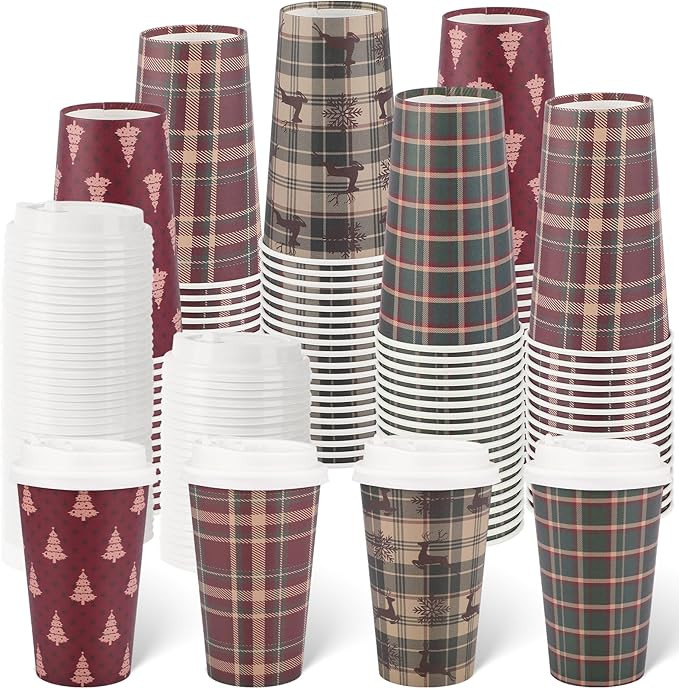 NarNarr 60 Pcs Christmas Plaid Disposable Coffee Cups with Lids, 16oz Christmas Hot Cocoa Paper C... | Amazon (US)
