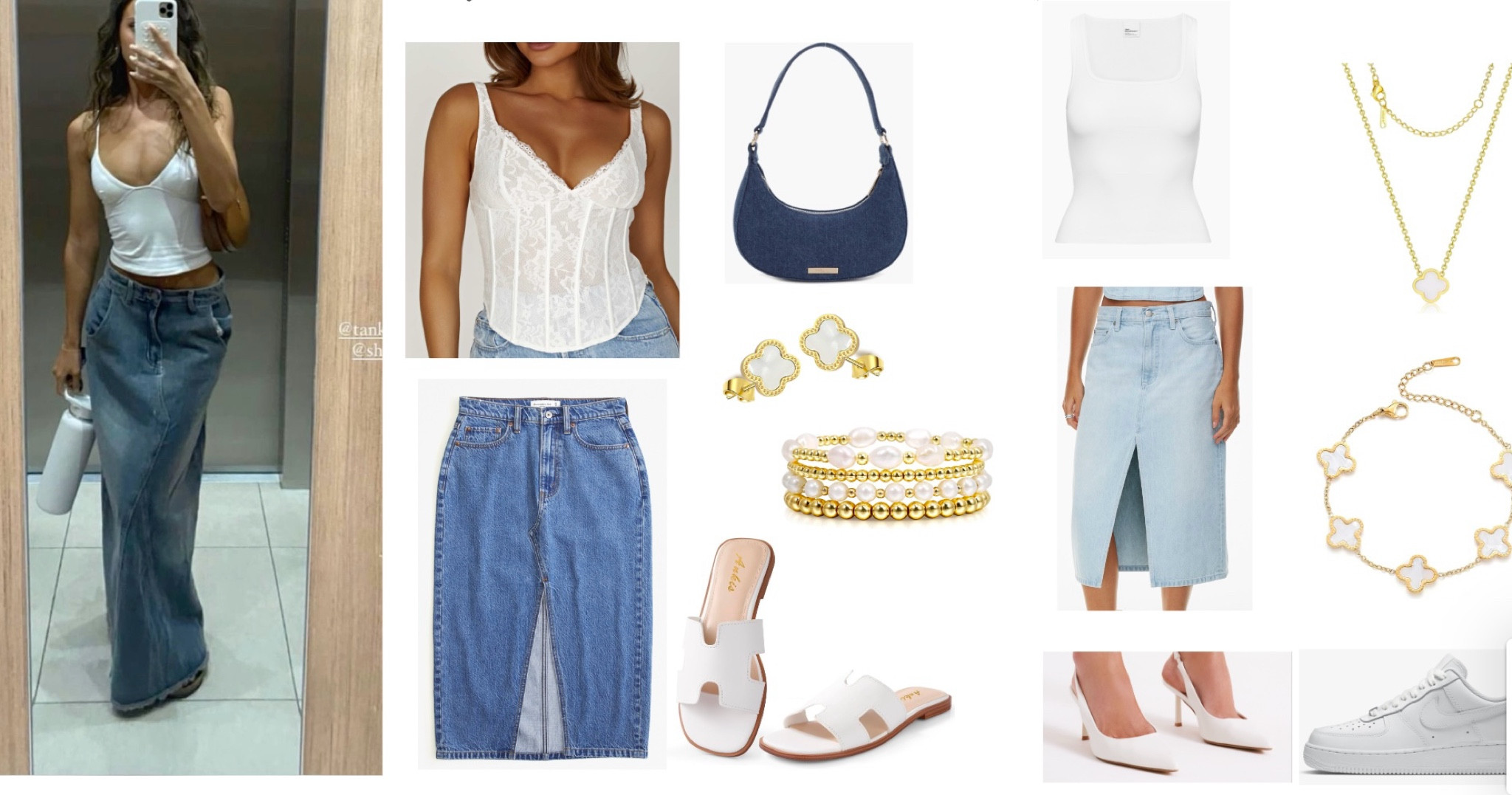 Obsessed with this maxi denim skirt with a plain fitted tank or laced corset top! Love white and gold jewelry with this outfit to match with white shoes! Denim purse with this outfit goes great! 

#LTKSeasonal #LTKfindsunder100 #LTKstyletip