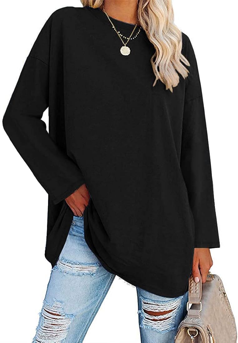 Fisoew Women's Long Sleeve Oversized T Shirts Loose Casual Crewneck Tunic Tops Soft Blouse | Amazon (US)