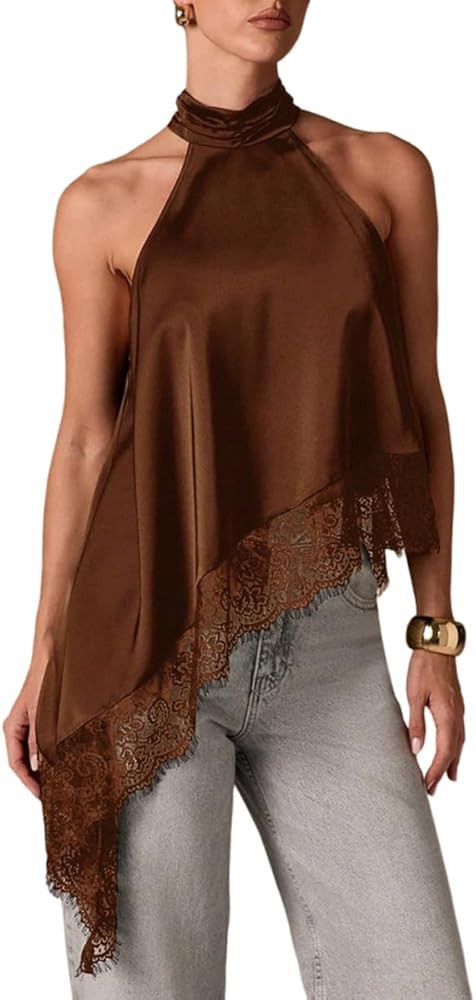 ABINGOO Womens Sleeveless Tops Satin Halter Mock Neck Elegant Going Out Tank Tops with Asymmetric... | Amazon (US)