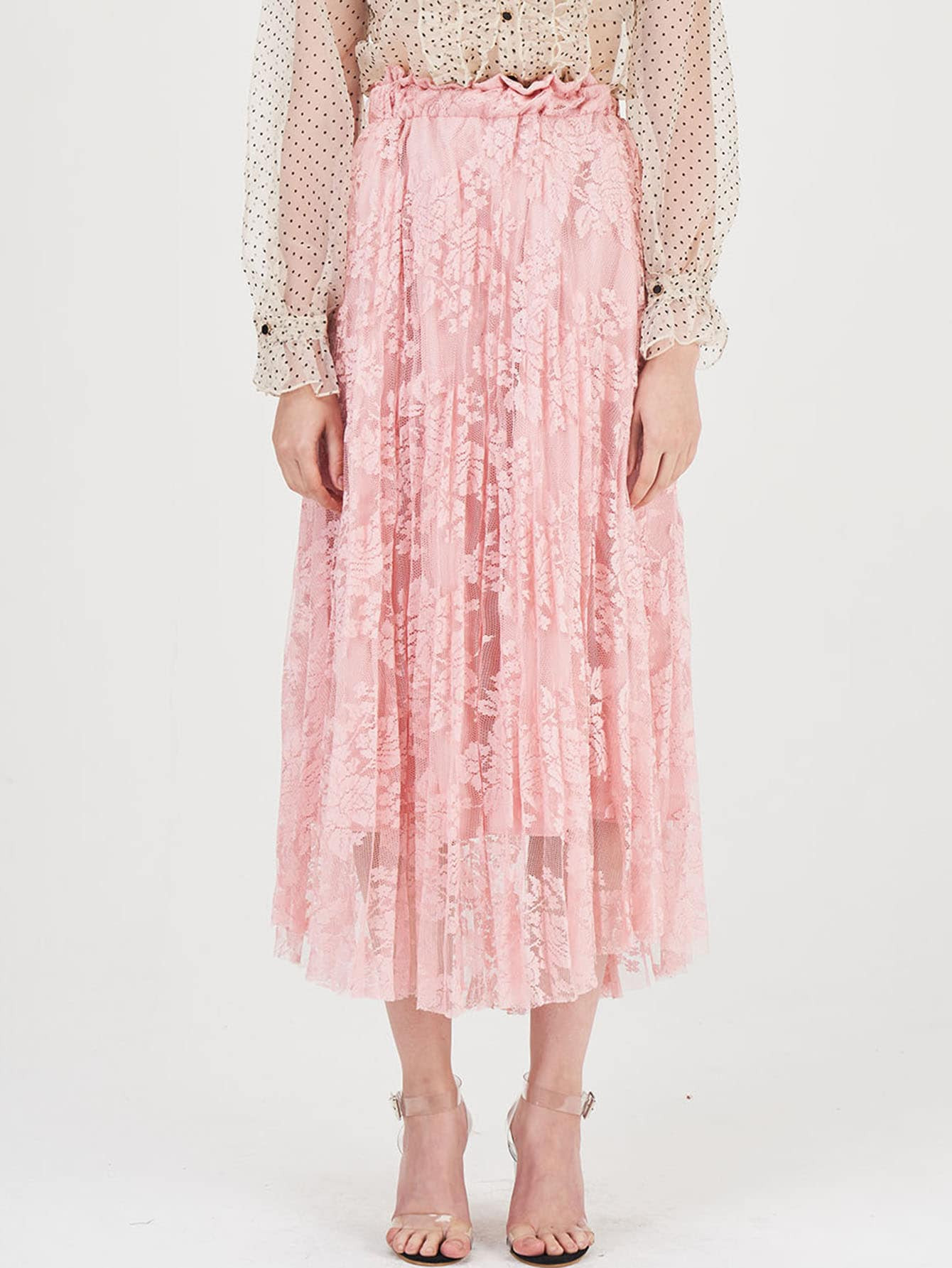 SHEIN Lace Overlay Pleated Skirt | SHEIN