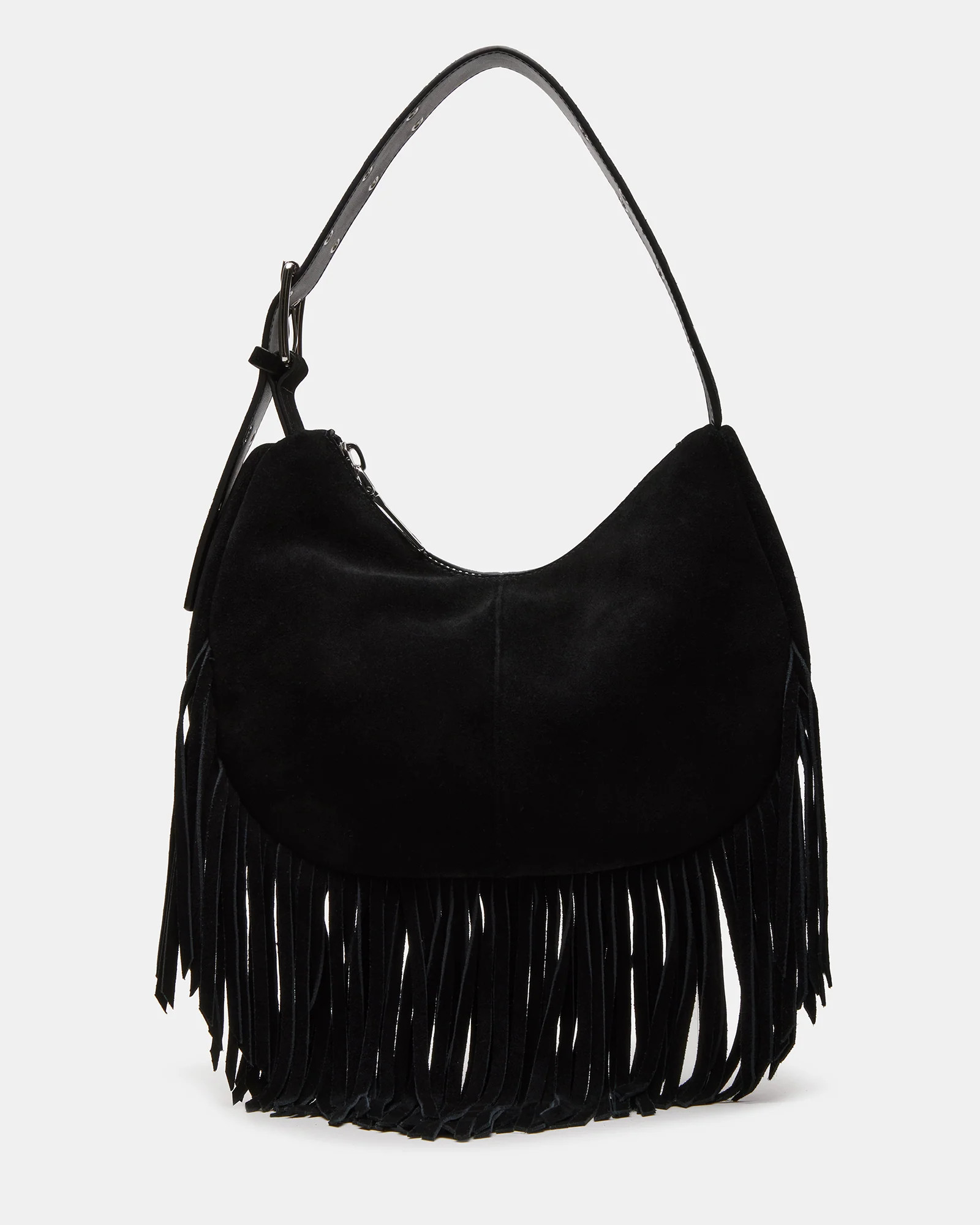 SIENA Fringe Shoulder Bag Black Suede | Women's Hobo Handbag | Steve Madden (US)