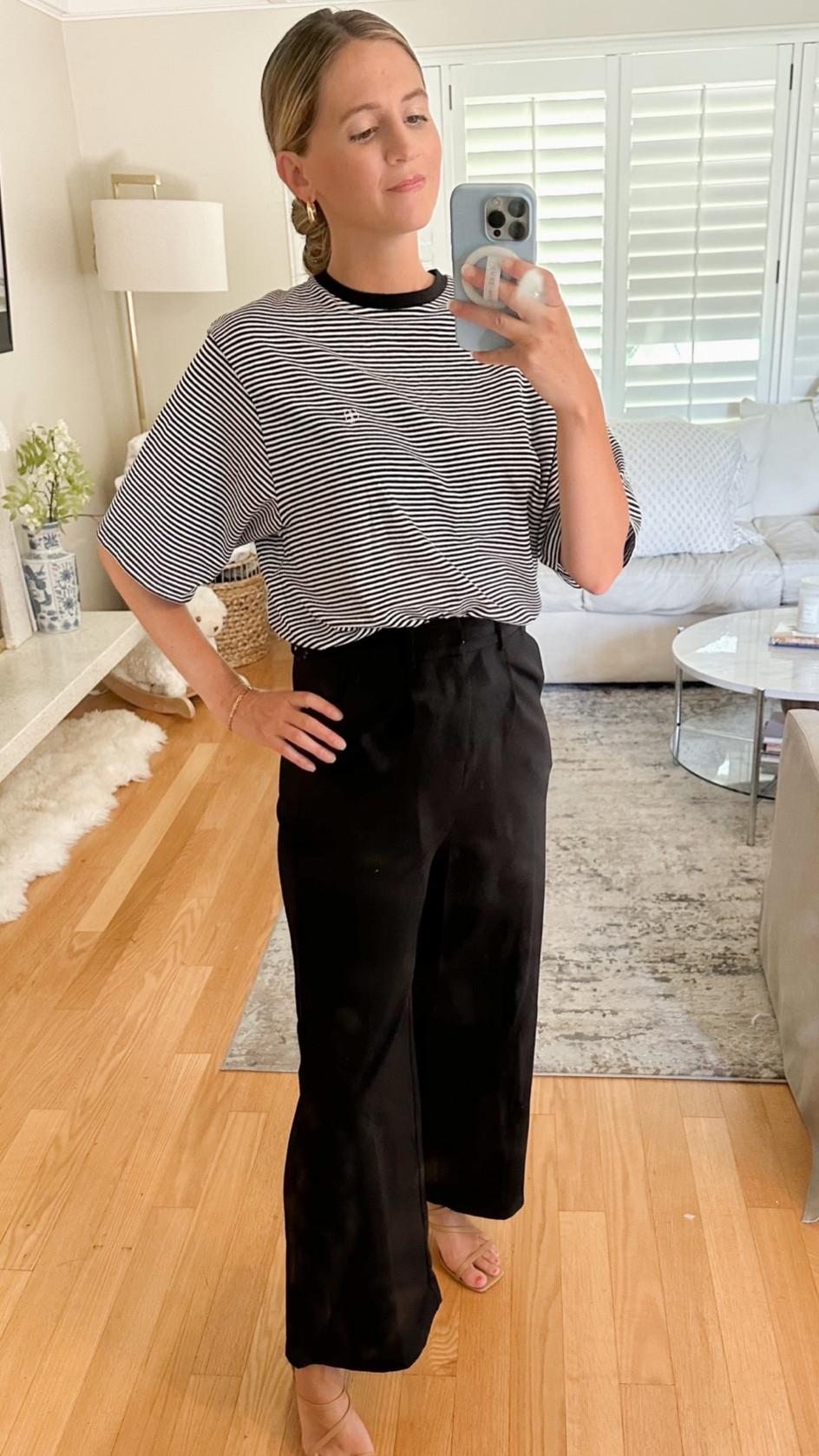 Classic black pants with black and white stripe top, nude shoe and gold jewelry. Good to go! 

#LTKSeasonal #LTKstyletip #LTKworkwear