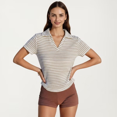 Anna-Kaci Women's Short Sleeve Collared Knit Top with Striped Pattern and V-Neckline - X Large, Light Beige | Target