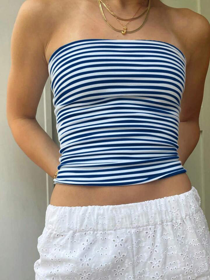 INAWLY Casual Striped Print Bandeau Tube Top For Summer | SHEIN