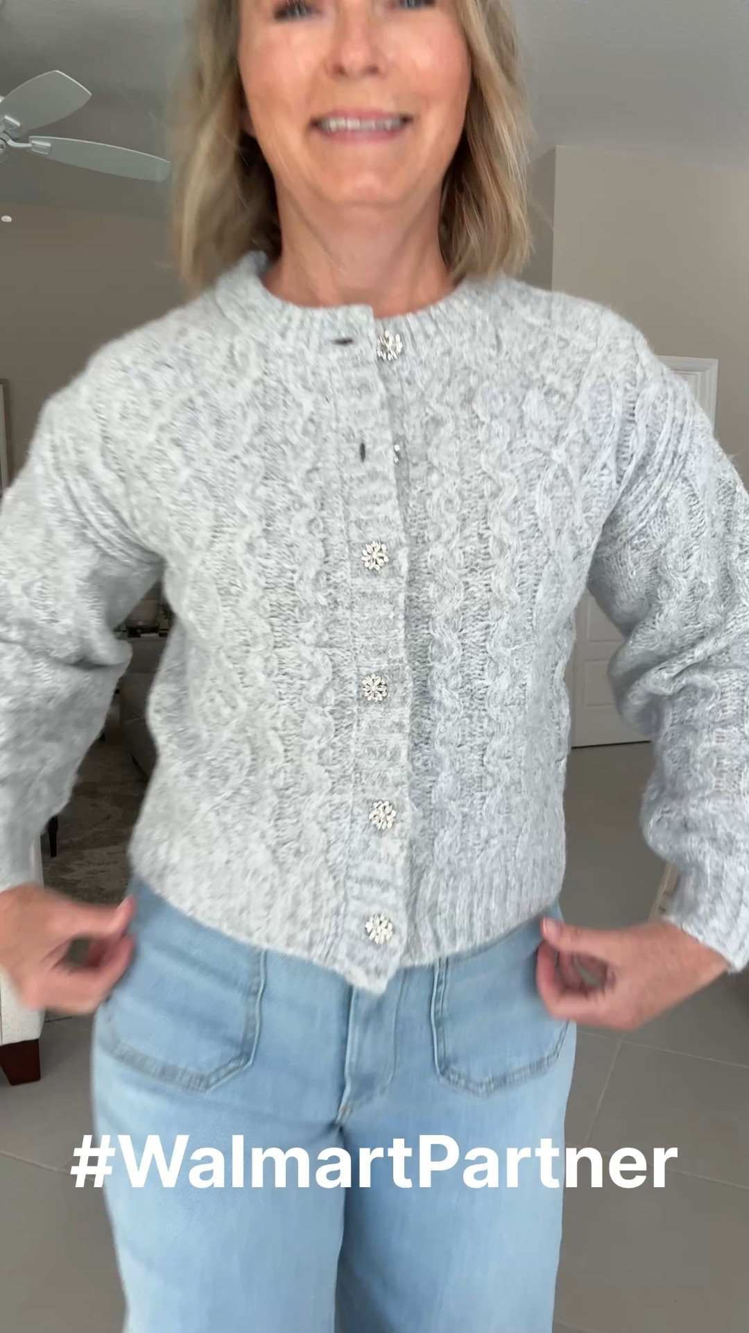 #WalmartPartner. I love this cable knit sweater with the rhinestone buttons from @Walmartstyle It is so soft and would be a great sweater to wear during the holidays. 
#Walmartstyle

#LTKHoliday #LTKOver40 #LTKFindsUnder50