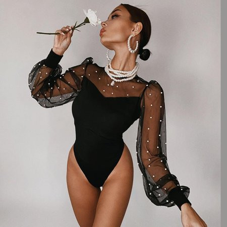 Pearl Mesh Puff Sleeve Bodysuit Women | Walmart (US)
