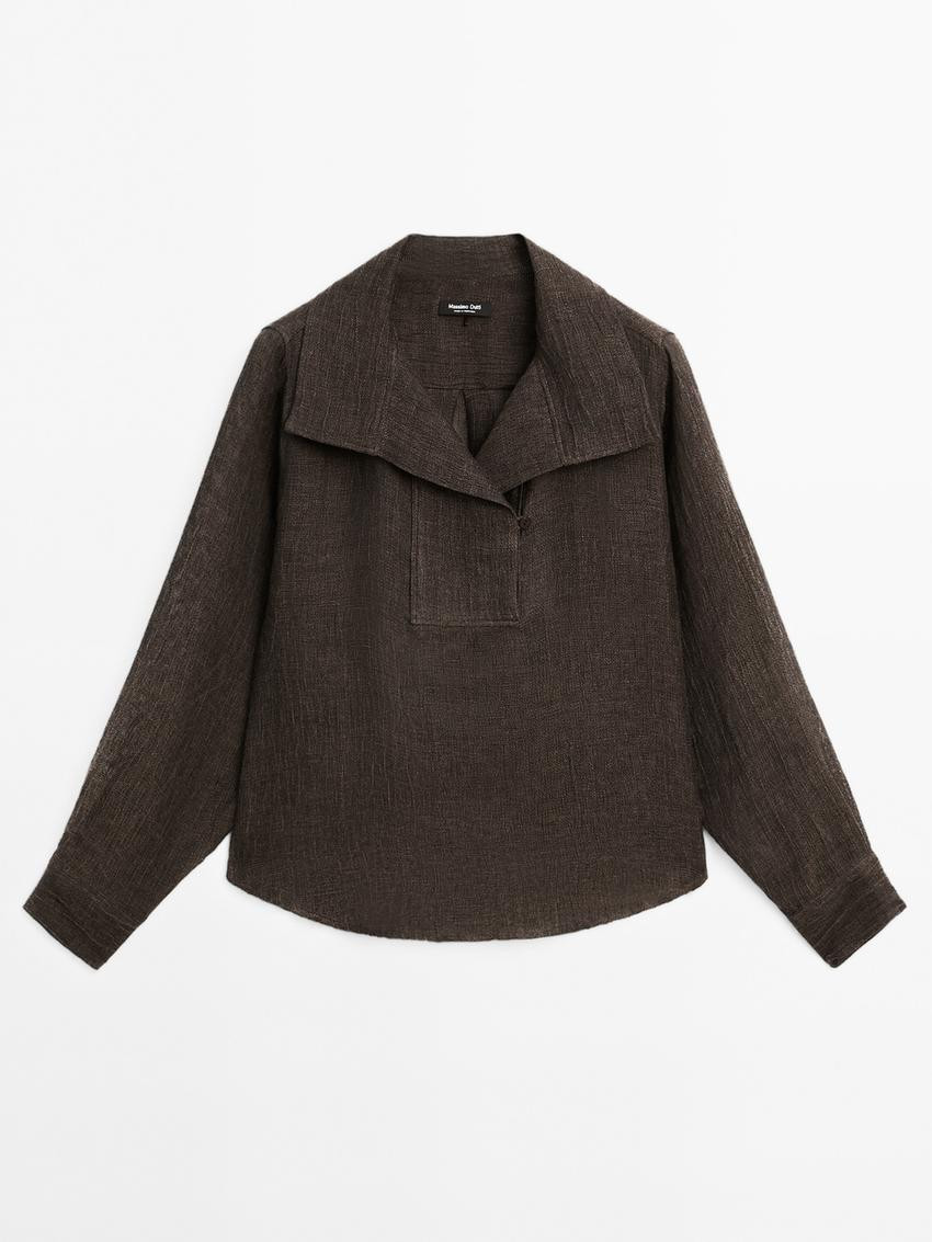 100% linen blouse with chest detail | Massimo Dutti UK